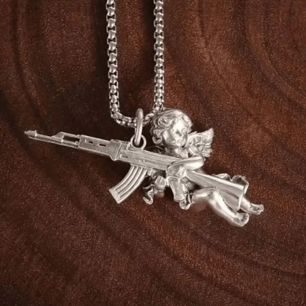 Angel Cherub Cupid AK47 Gun Stainless Steel Pendant Necklace